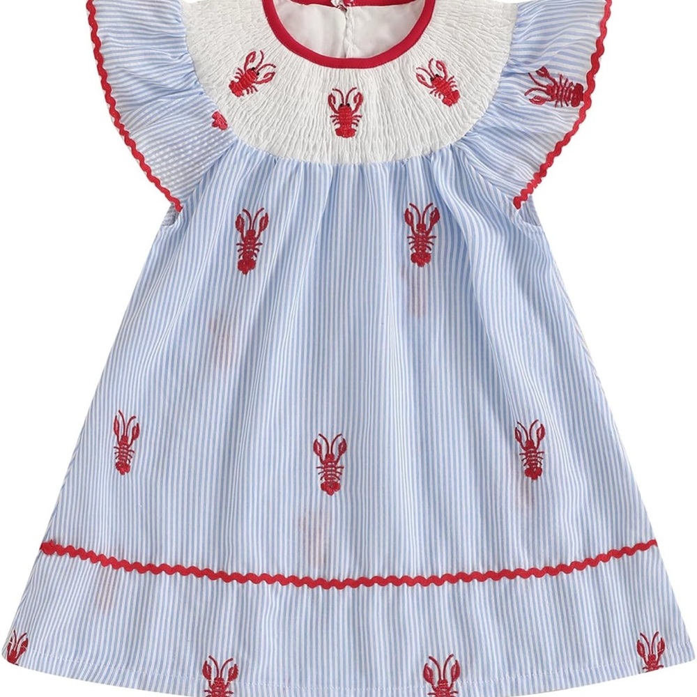 Blue and White Striped Dress with Red Lobster Print